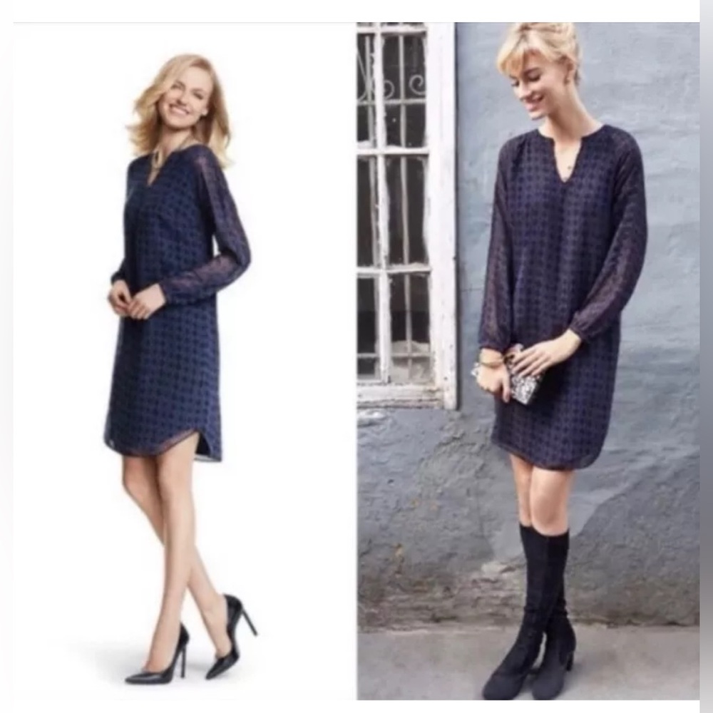 Cabi 3102 Harlequin Purple Black V-neck Long Sleeve Shift Dress Size XS